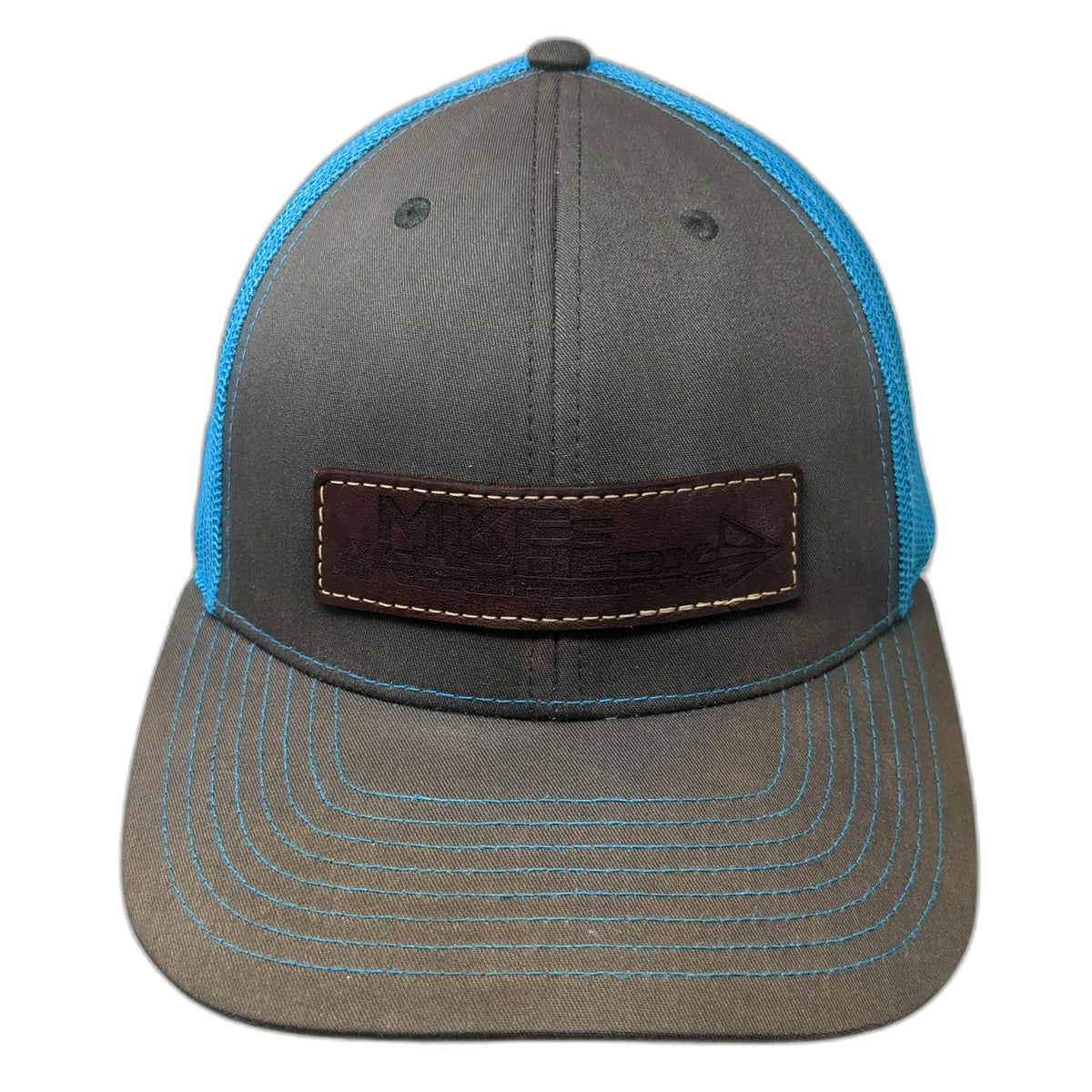 Richardson Trucker Hat Gray Blue One Size Mike's Archery Leather Patch Mesh
