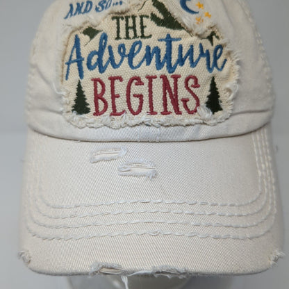 The Adventure Begins Strapback Hat Tan OS Adjustable Distressed KB ETHOS Vintage