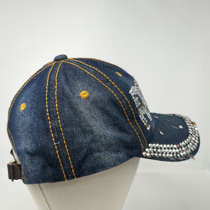 Rock Rhinestone Bling Distressed Blue Baseball Cap One Size Slideback Denim Hat