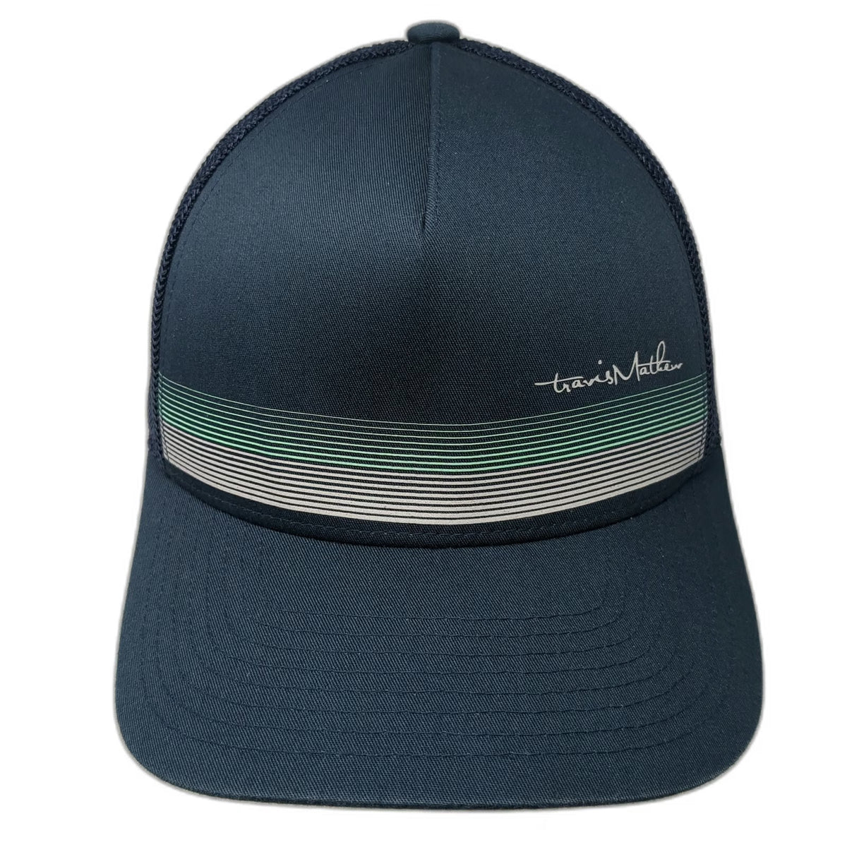 TravisMathew Trucker Hat Blue One Size Snapback Mesh Flexfit 110 Stripe Logo