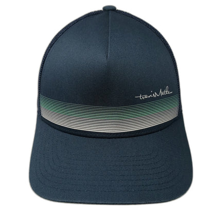 TravisMathew Trucker Hat Blue One Size Snapback Mesh Flexfit 110 Stripe Logo