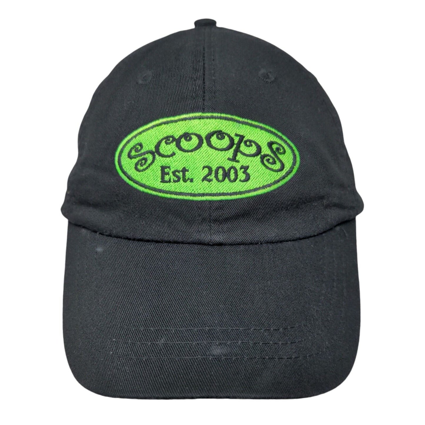 Scoops Est. 2003 Slideback Hat Black One Size Leather Strap Adams