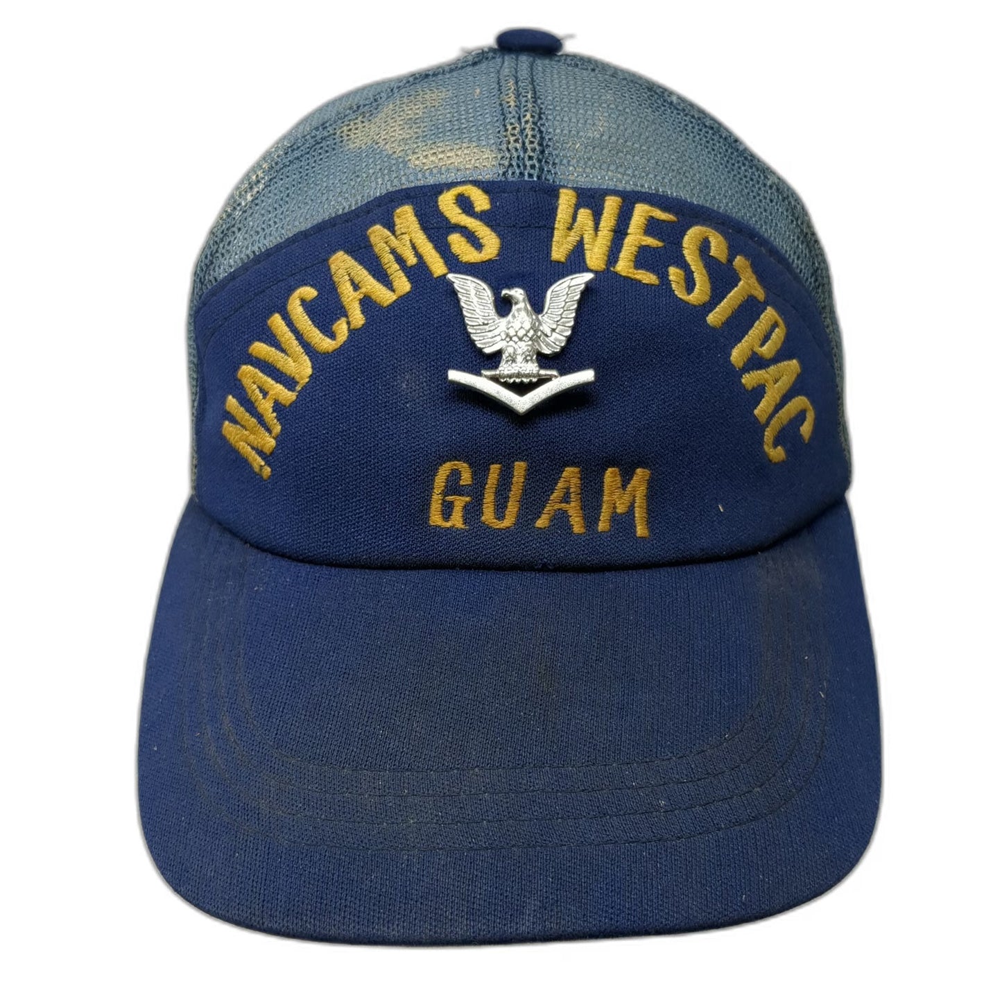 Blue Trucker Hat One Size NAVCAMS WESTPAC Guam US Navy Eagle Rank Pin Mesh Snap