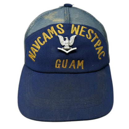 Blue Trucker Hat One Size NAVCAMS WESTPAC Guam US Navy Eagle Rank Pin Mesh Snap
