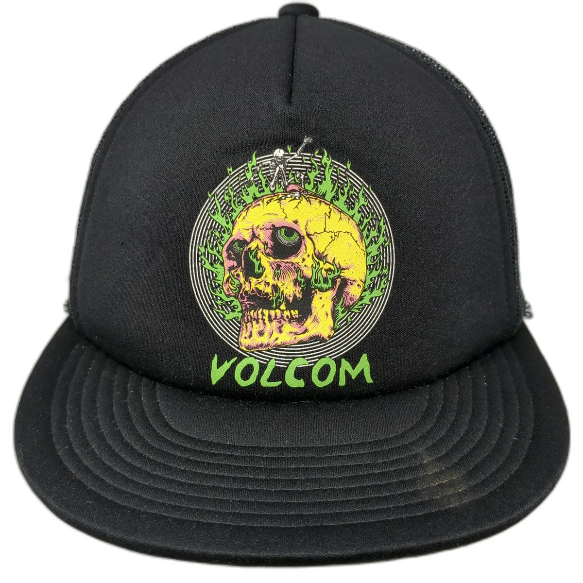 Volcom Trucker Hat Black One Size Skull Graphic Mesh Back Flat Brim Snapback