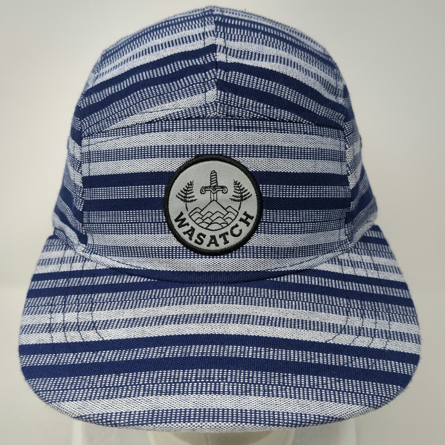 Discrete 5 Panel Hat Blue One Size Wasatch Mountain Patch Striped Flat Brim