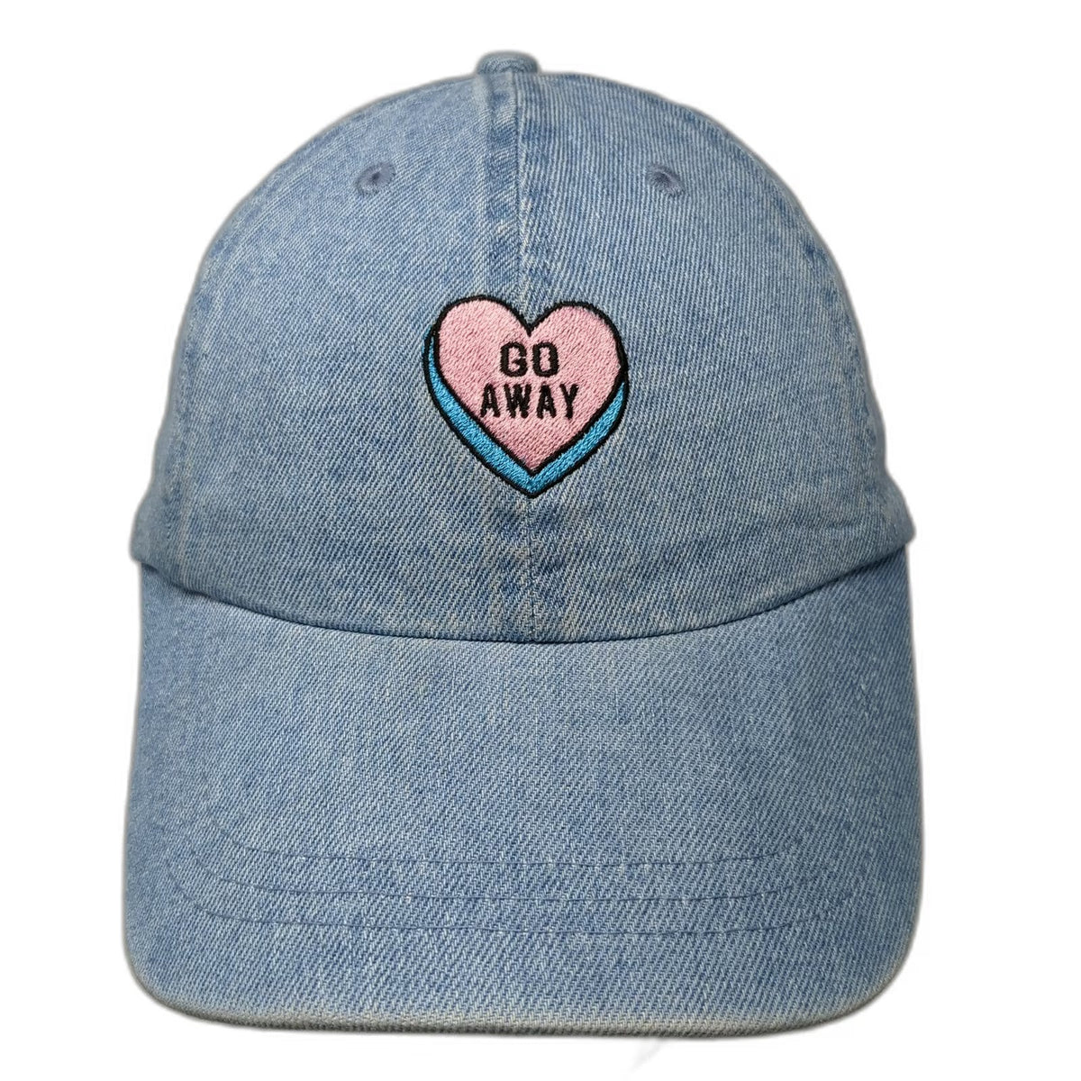 HG Baseball Cap Blue One Size Go Away Heart Embroidered Denim Slideback Hat