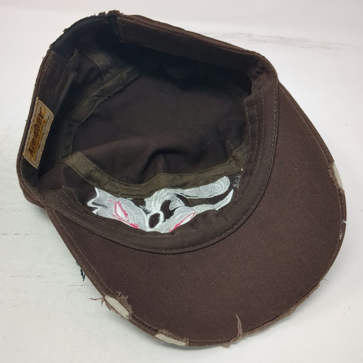 Leader Army Cap Brown One Size Butterfly Rhinestone Distressed Stitch Hat