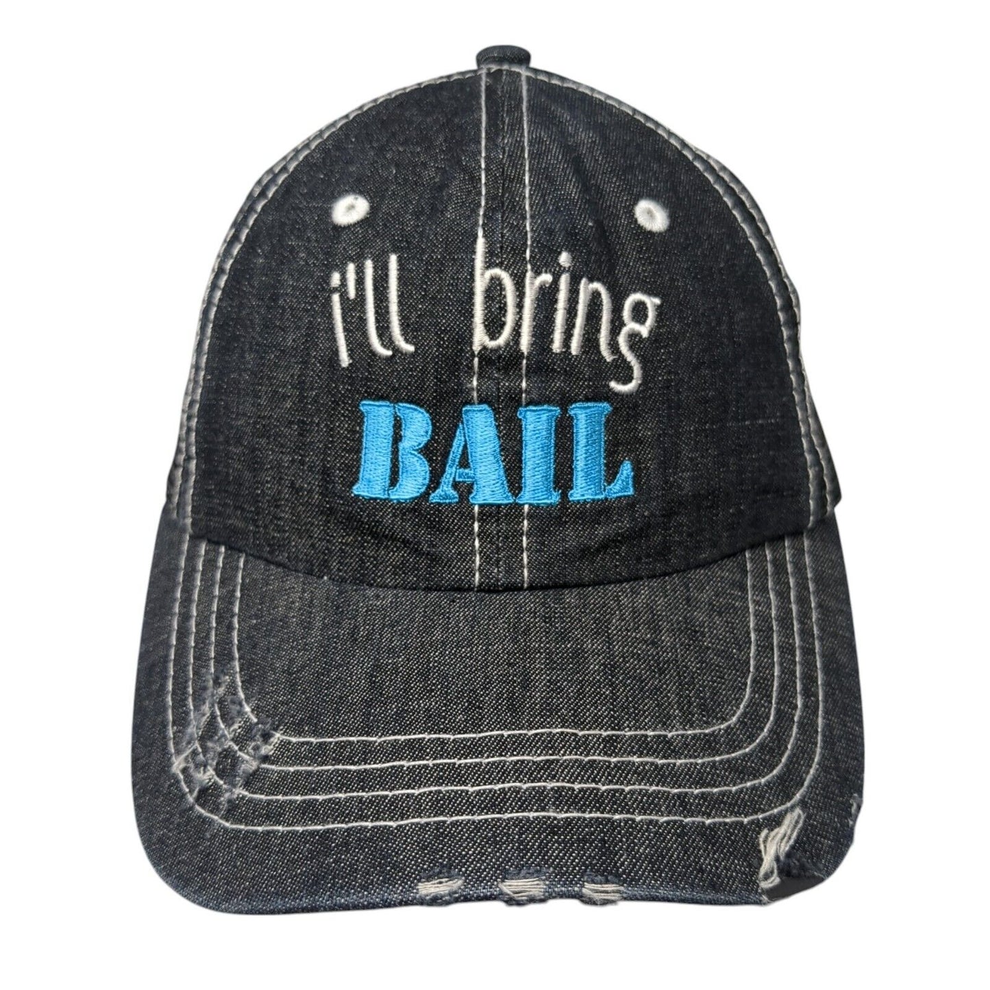 I'll Bring Bail Strapback Trucker Hat Black OS Adjustable Mesh Back Distressed
