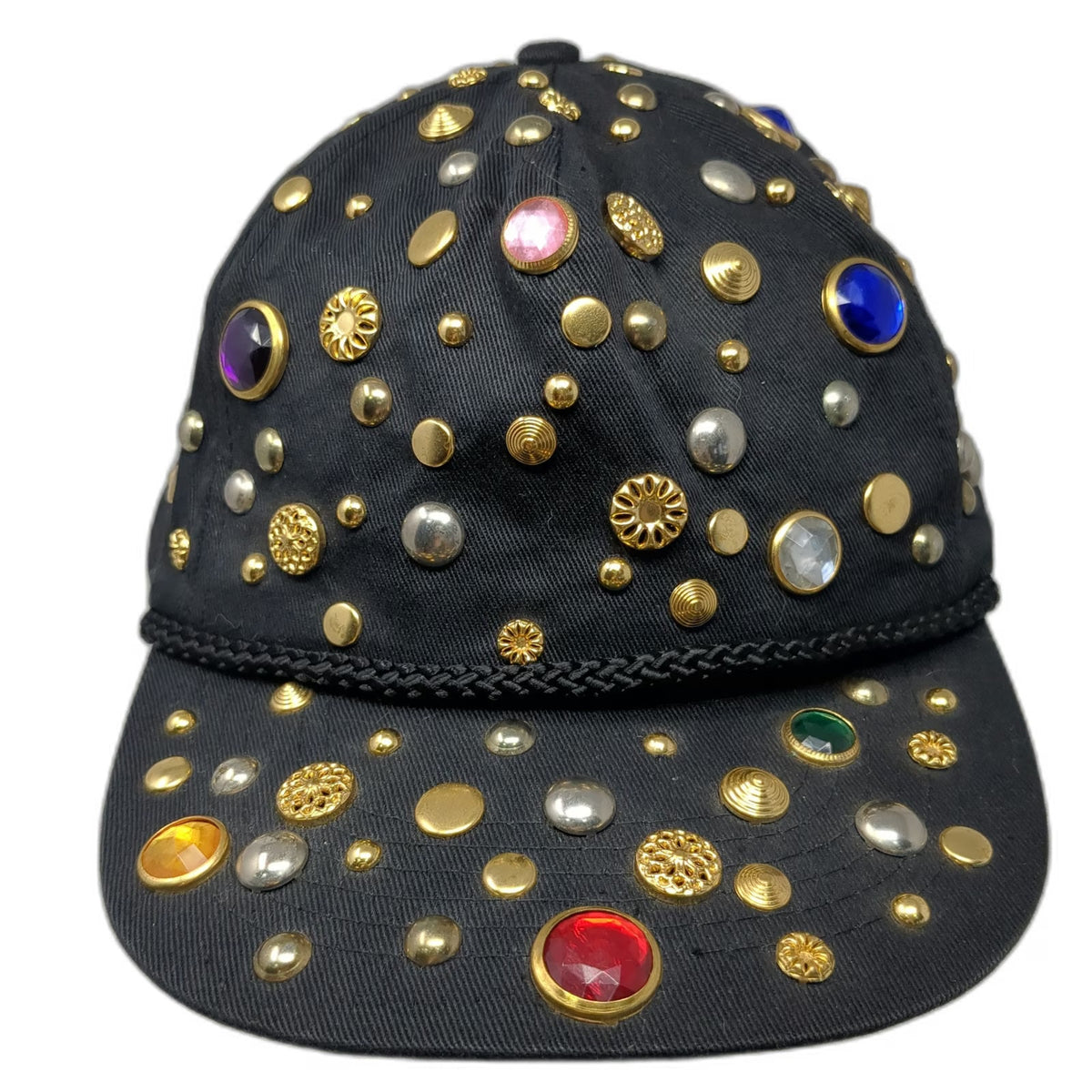 Black 5 Panel One Size Hat Rhinestone Studded Gem Beaded Snapback Bling Sparkle