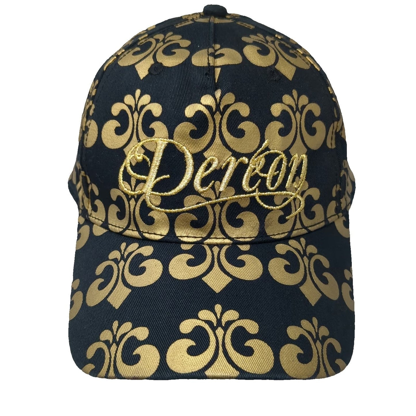 Dereon 5 Panel Black Gold Scroll Pattern Embroidery One Size Hat Streetwear