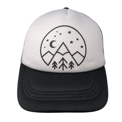 Mountain Moon Stars Snapback Trucker Hat Black OSFA Mesh Back Outdoor