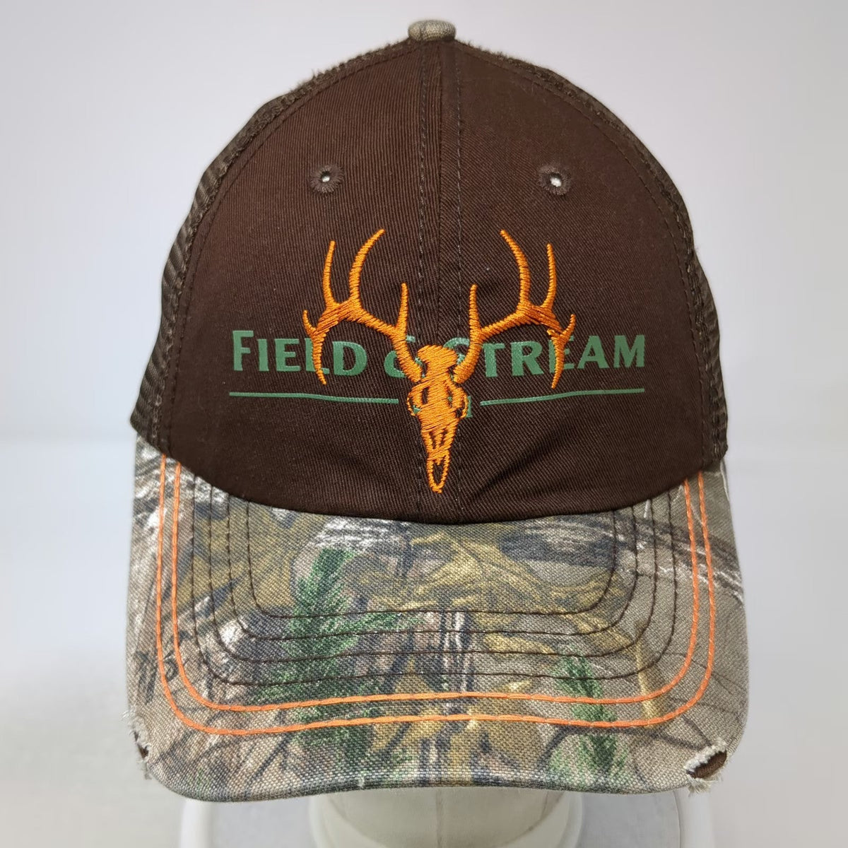 Field & Stream Brown Trucker Hat One Size Mesh Back Camo Deer Skull Embroidered