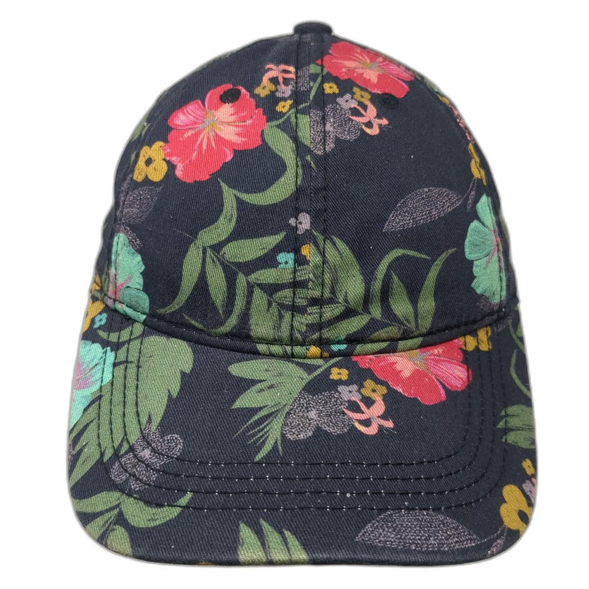 Floral Baseball Cap Black One Size Cotton Slideback Strap Hat Flower Pattern