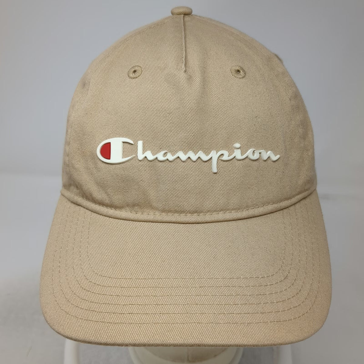 Champion 5 Panel Beige One Size Hat Cotton Slideback Script Logo Embroidered