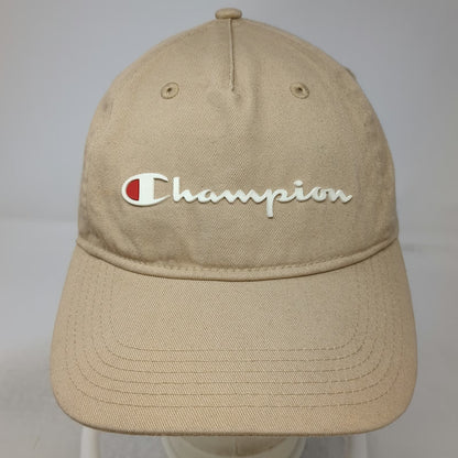 Champion 5 Panel Beige One Size Hat Cotton Slideback Script Logo Embroidered