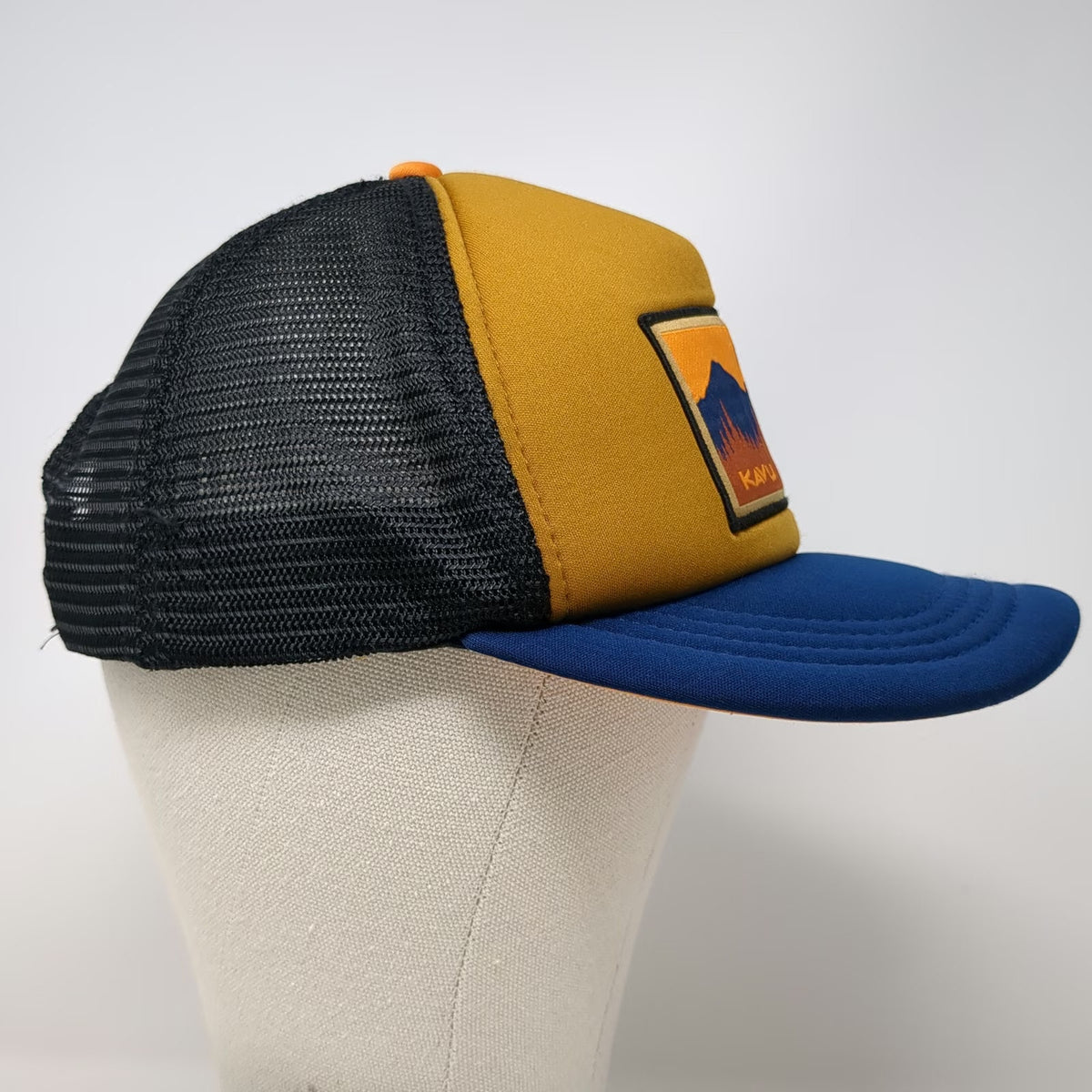 KAVU Trucker Hat Yellow Blue Black One Size Mountain Patch Snapback Foam Front