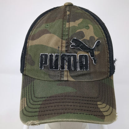 Puma Trucker Hat Green One Size Camo Mesh Snapback Distressed Logo Embroidery