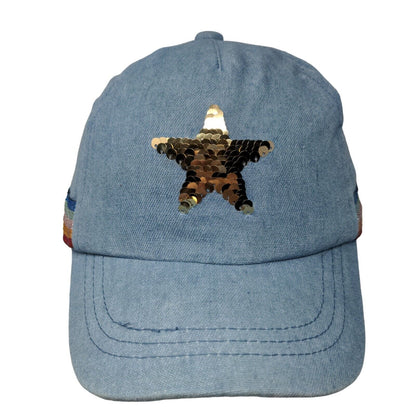 Star Sequin Strapback Hat Blue One Size Adjustable Striped Trim 5 Panel