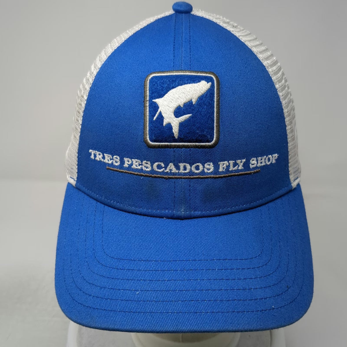 Simms Trucker Hat Blue White OSFM Tres Pescados Fly Shop Mesh Fishing Snapback