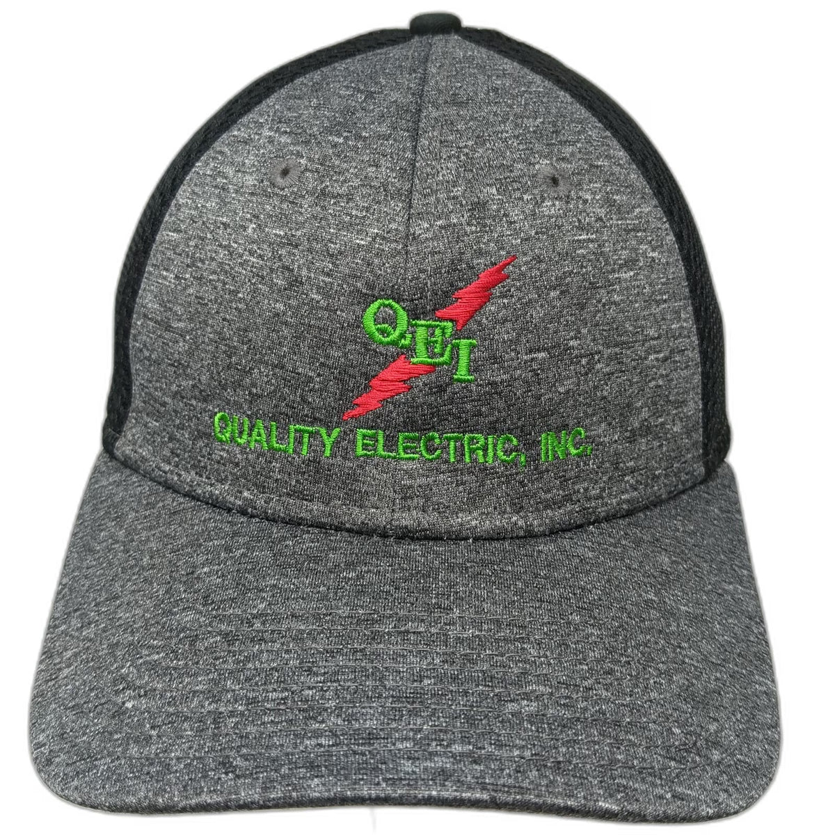 New Era Baseball Cap Gray Black L 39THIRTY Stretch Fit Mesh Back QEI Logo Hat