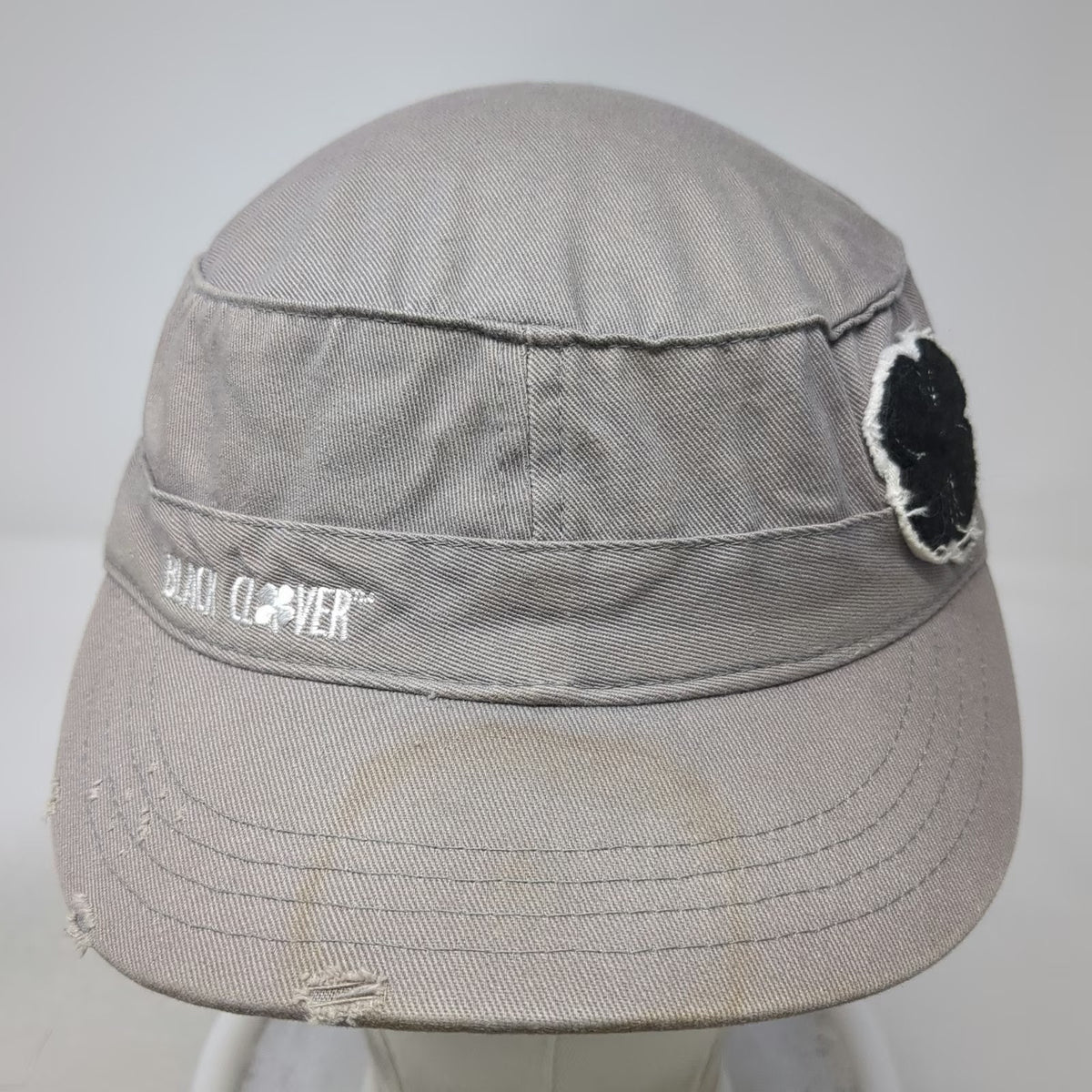 Black Clover Army Cap Gray One Size Distressed Brim Patch Live Lucky Cotton Hat