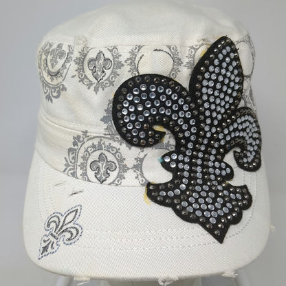 Army Cap Beige One Size Rhinestone Fleur-de-lis Distressed Hat Damask