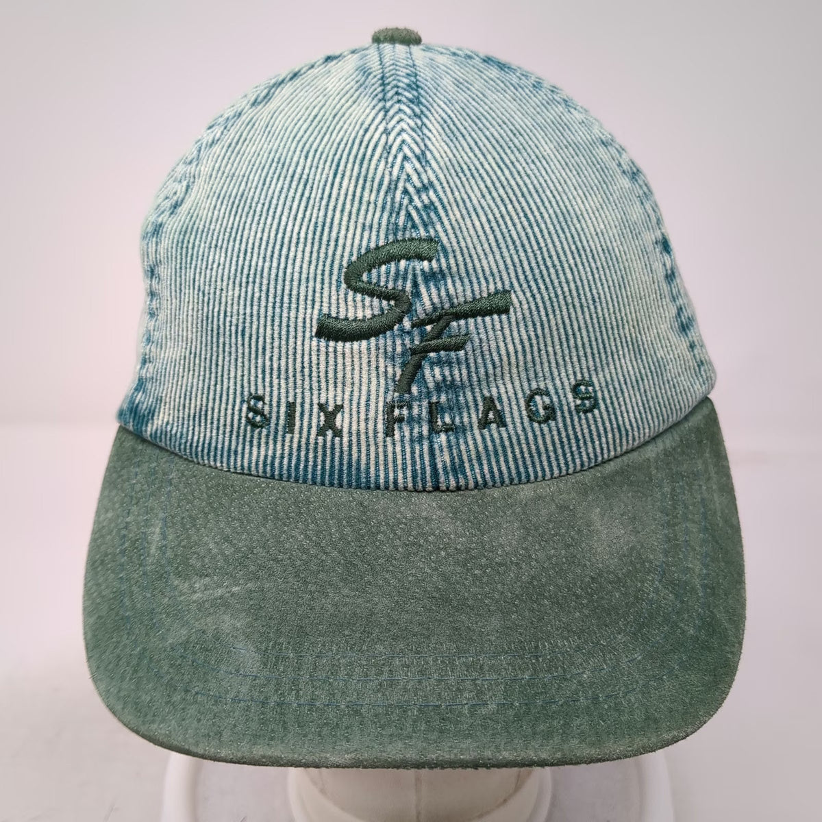 Six Flags Baseball Cap Green One Size Acid Wash Corduroy Suede Slideback Hat