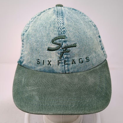 Six Flags Baseball Cap Green One Size Acid Wash Corduroy Suede Slideback Hat