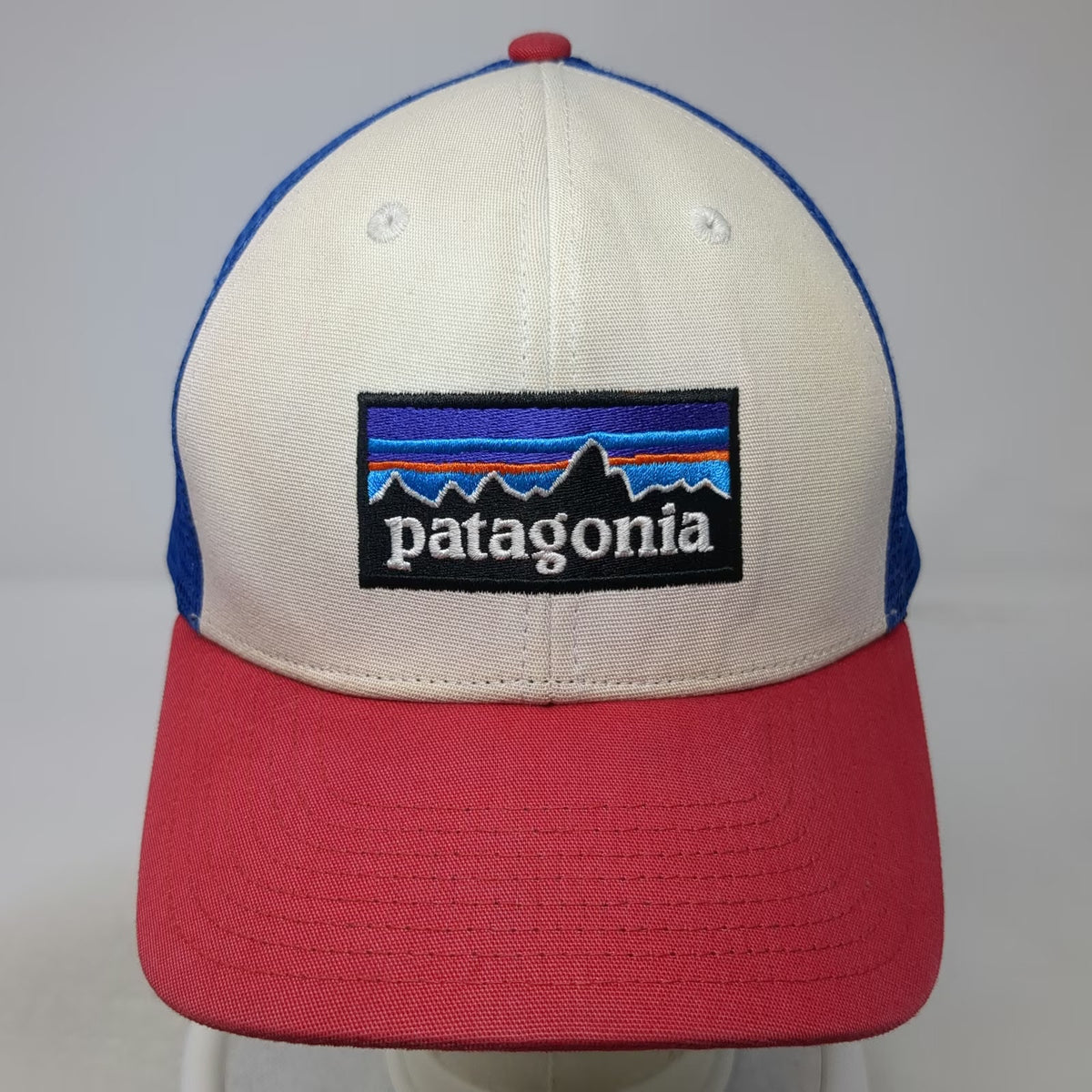 Patagonia Trucker Hat White Blue Red One Size Mesh Back Mountain Logo Snapback