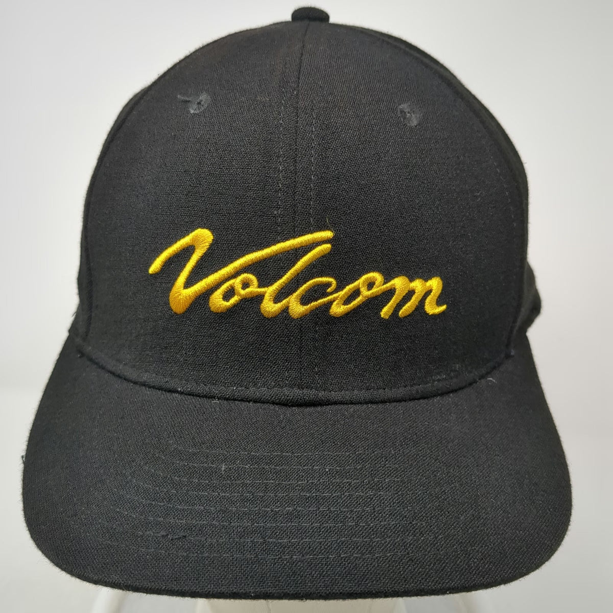 Volcom Snapback Hat Black One Size Yellow Script Logo Embroidery 6 Panel Cap