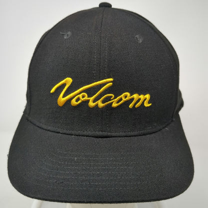 Volcom Snapback Hat Black One Size Yellow Script Logo Embroidery 6 Panel Cap