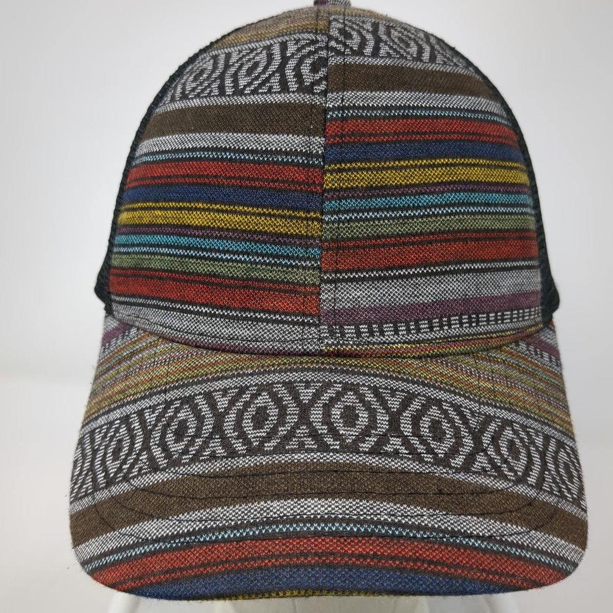 Trucker Hat Black Multi One Size Mesh Back Snapback Striped Woven Pattern Hat