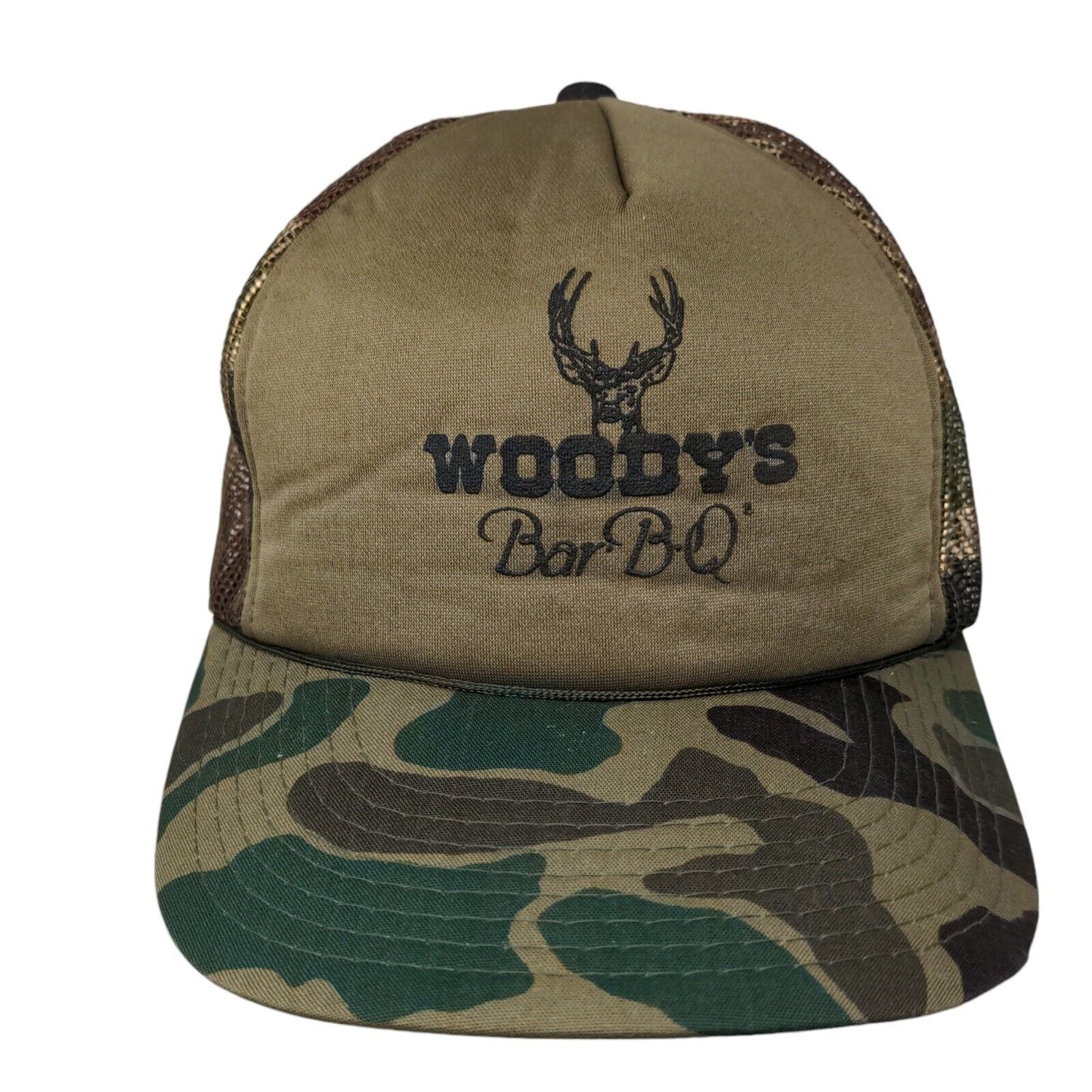 Woody's Bar BQ Snapback Trucker Hat Camouflage OSFA Adjustable Mesh Back
