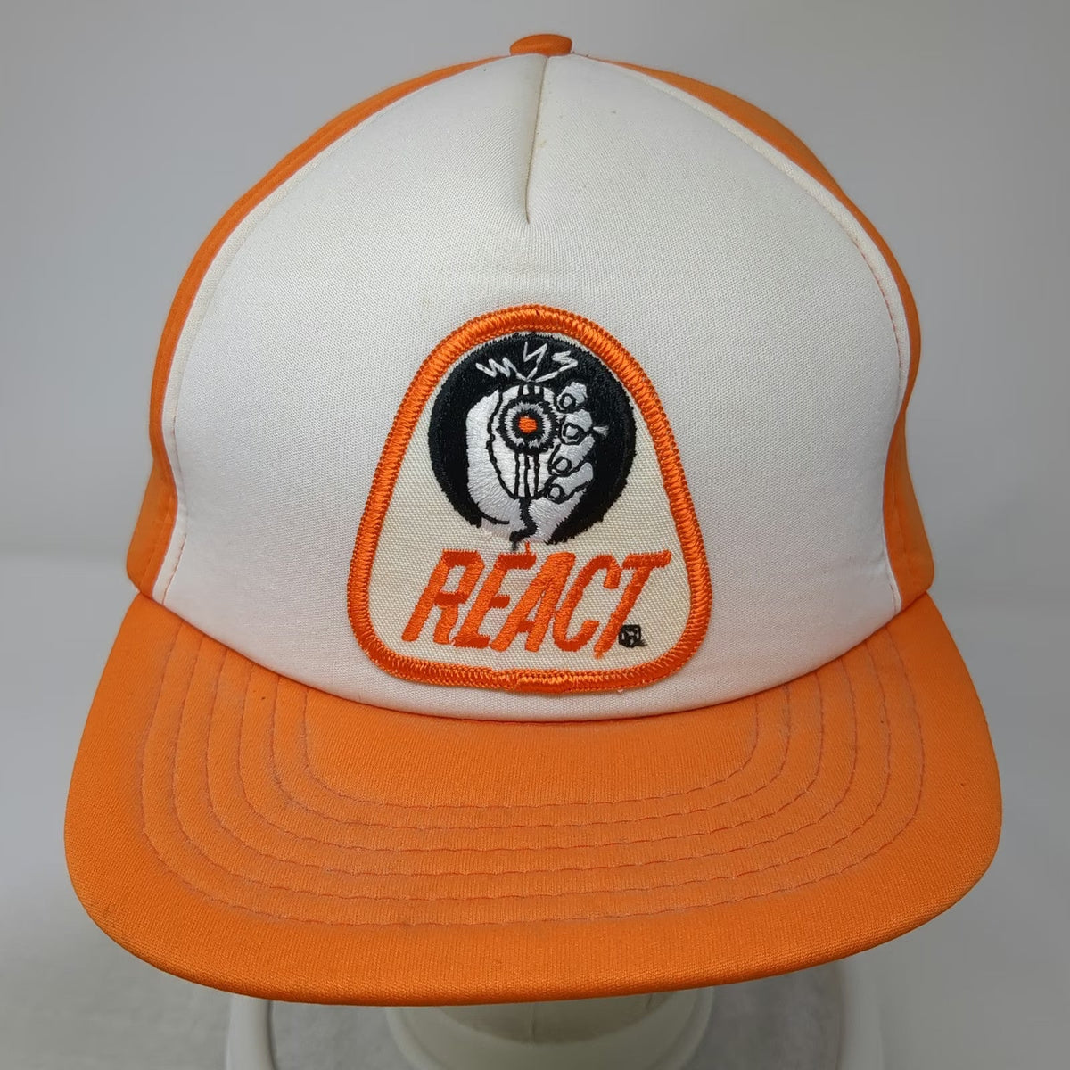 Crown Cap 5 Panel Orange Hat One Size Mesh Back Snapback REACT Patch Logo Taiwan