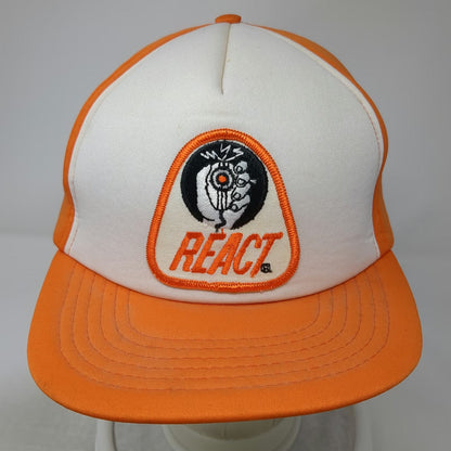 Crown Cap 5 Panel Orange Hat One Size Mesh Back Snapback REACT Patch Logo Taiwan