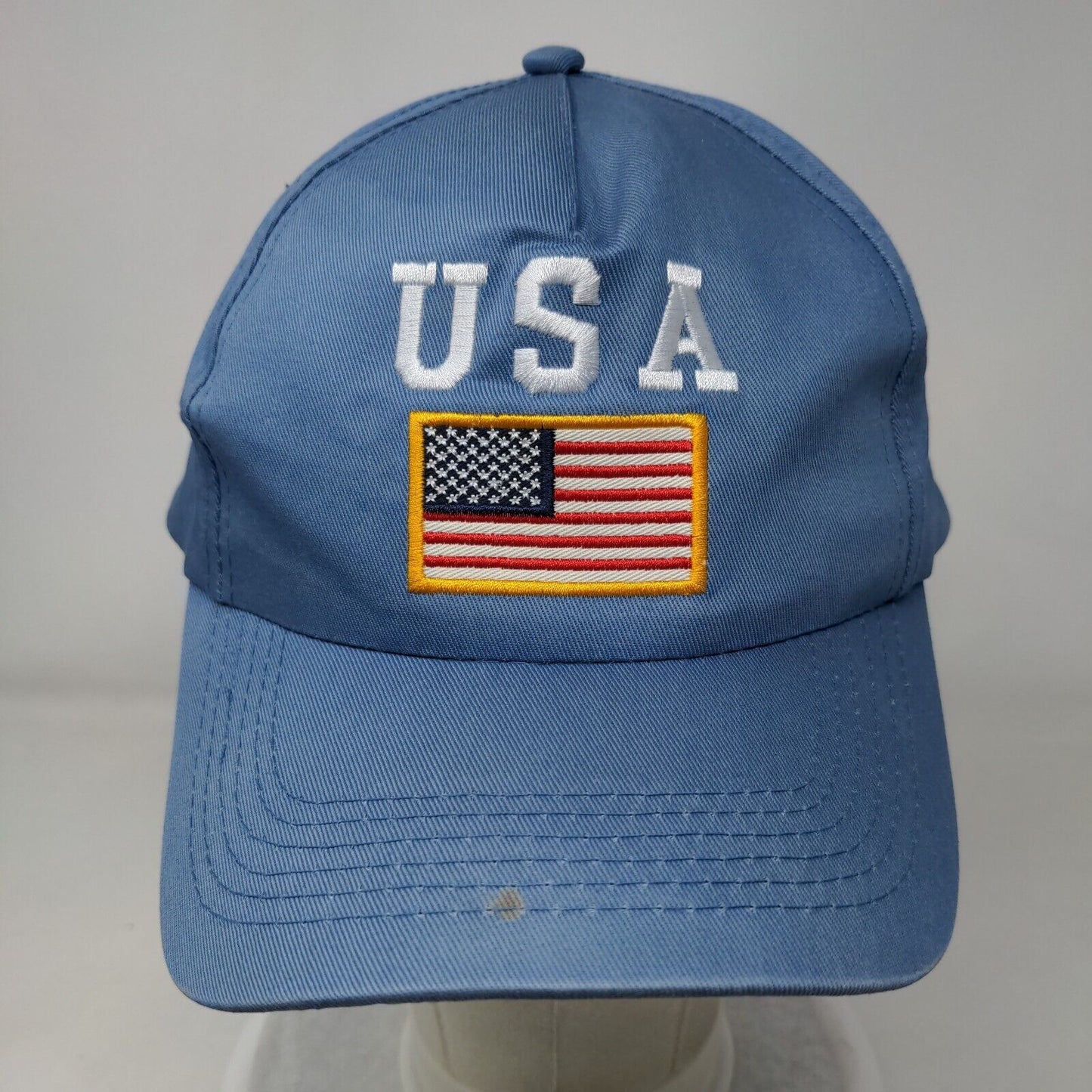 USA Flag Strapback Hat Blue One Size Adjustable Embroidered Patriotic Cotton