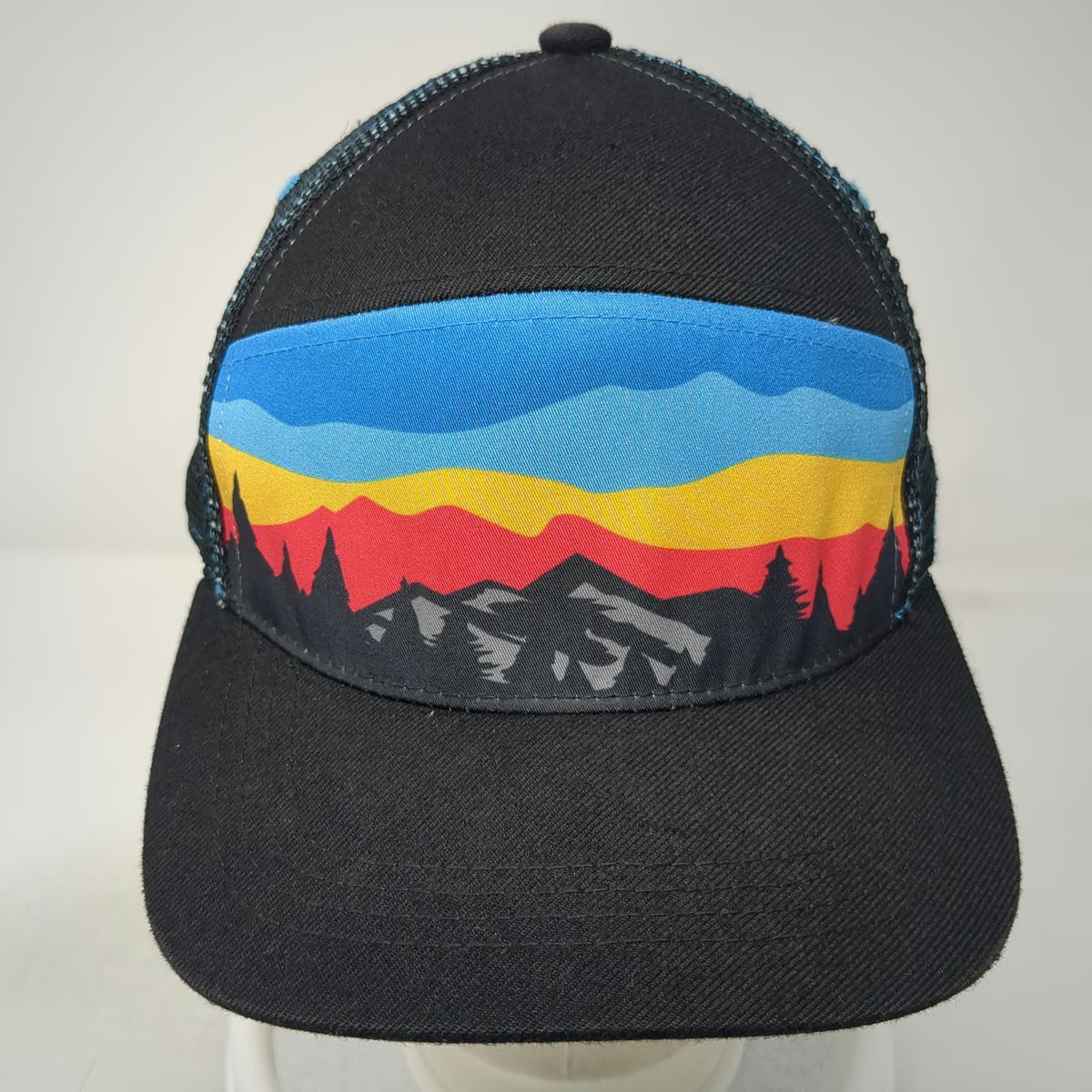 Aksels Trucker Hat Black Red Blue One Size Mountain Landscape Pine Mesh Snapback