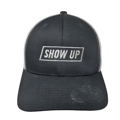 Show Up Snapback Trucker Hat Black One Size Embroidered Mesh Back Yupoong