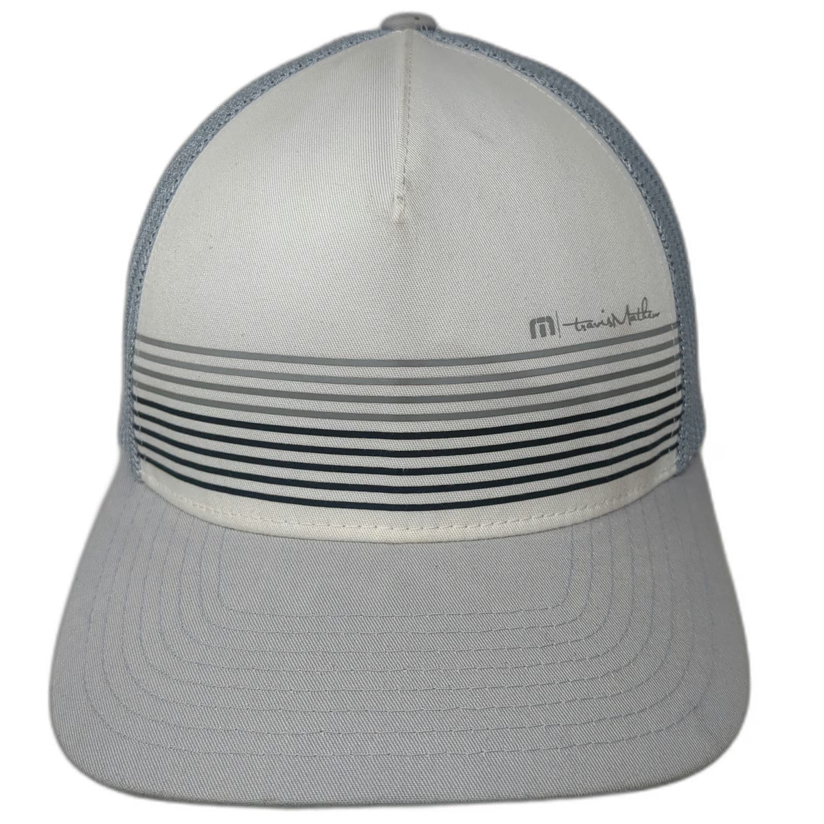 TravisMathew Baseball Cap Gray XL Fitted Mesh Stripes Flexfit Golf logo hat