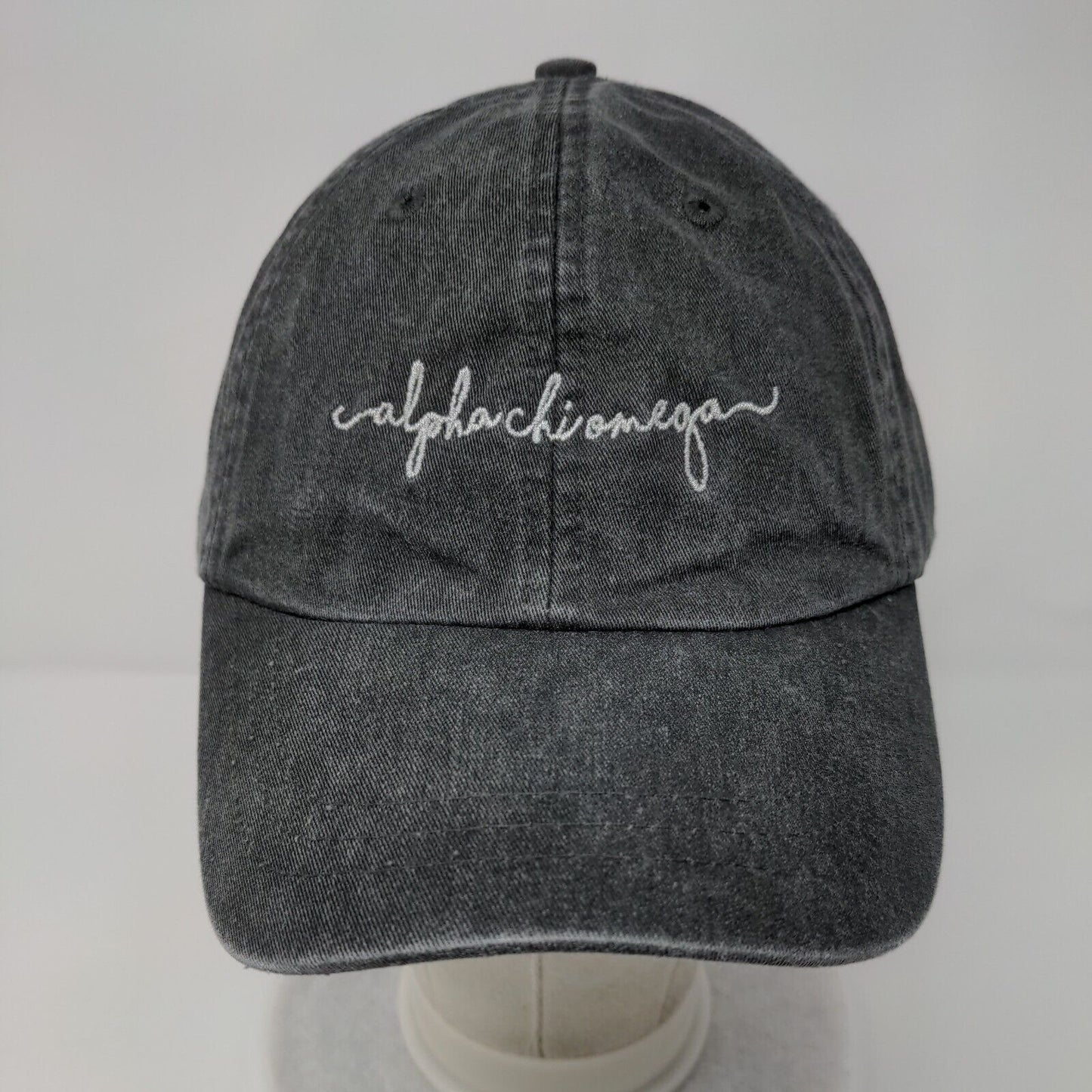 Alpha Chi Omega Slideback Hat Gray OSFA Embroidered Leather Strap Adams