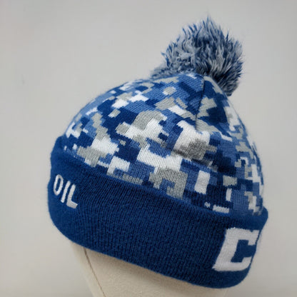 Lucas Oil Men's Knit Beanie Hat Cap Blue Camouflage Acrylic Blend Pom Pom