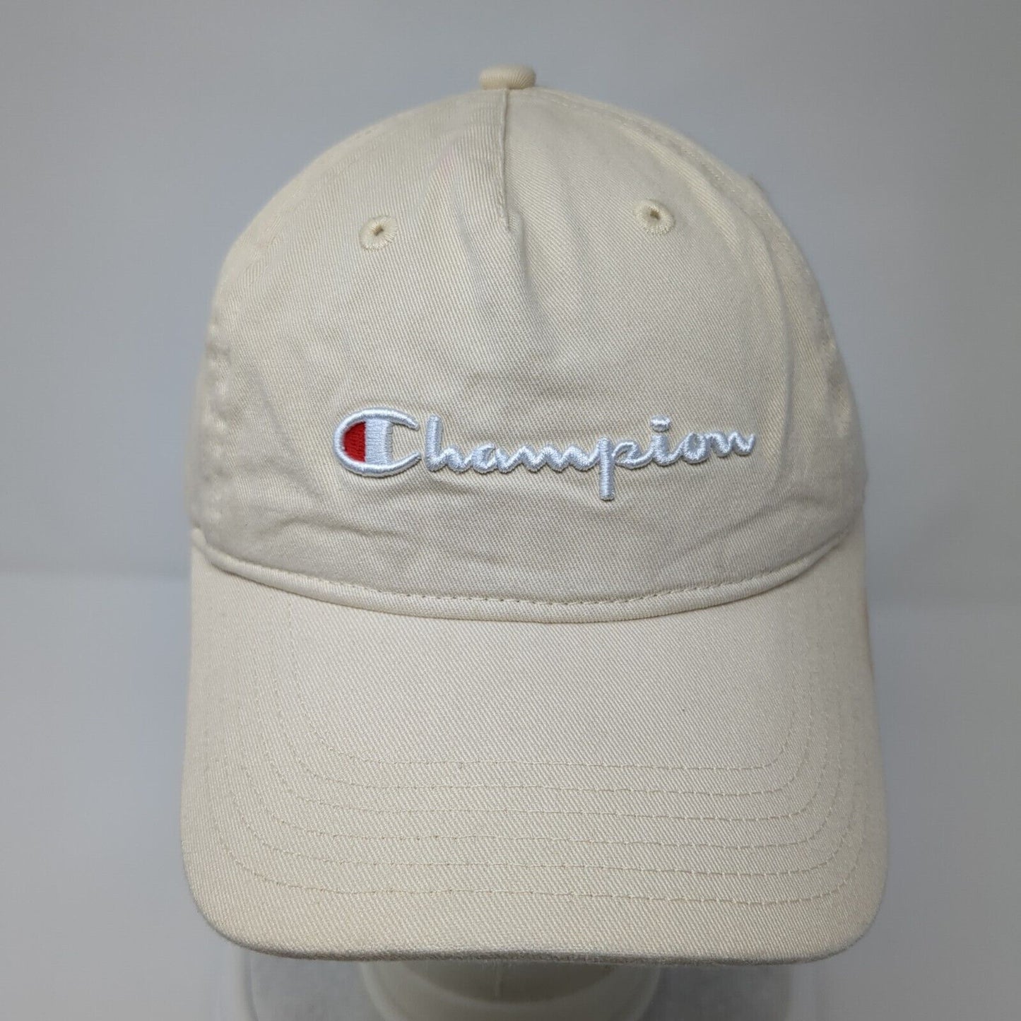 Champion Slideback Hat Tan OSFA Adjustable Embroidered Vented Holes 6 Panel