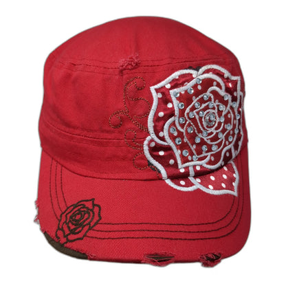 Leader Army Cap Red One Size Rhinestone Rose Distressed Cotton Slideback Hat