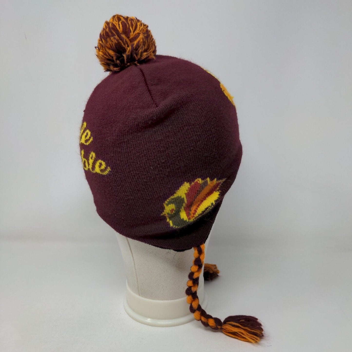 Gobble Gobble Beanie Trapper Hat Red One Size Winter Pom Pom Ear Fap Braided