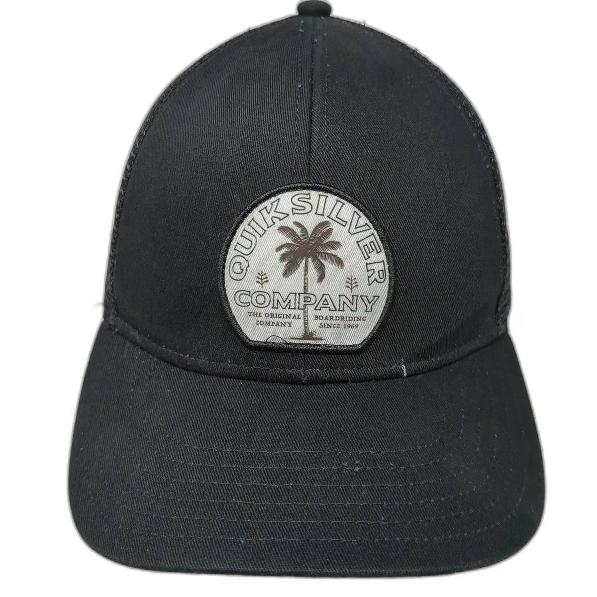 Quiksilver Trucker Hat Black OSFM Mesh Back Palm Tree Tropical Print Snapback