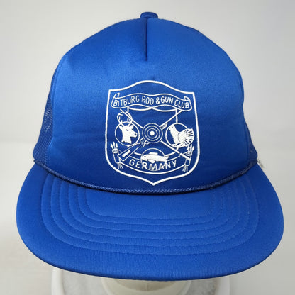 Bitburg Rod & Gun Club Germany Blue Trucker Hat One Size Mesh Snapback Rope