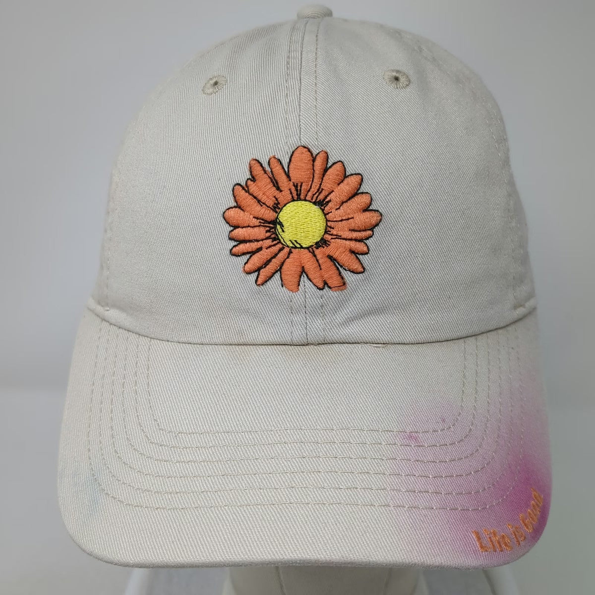 Life is Good Baseball Cap Beige One Size Daisy Flower Pink Spray Effect Hat