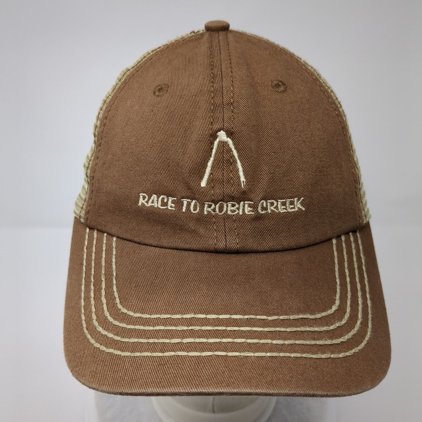 Race To Robie Creek Strapback Mesh Back Trucker Hat Brown OSFA Adjustable