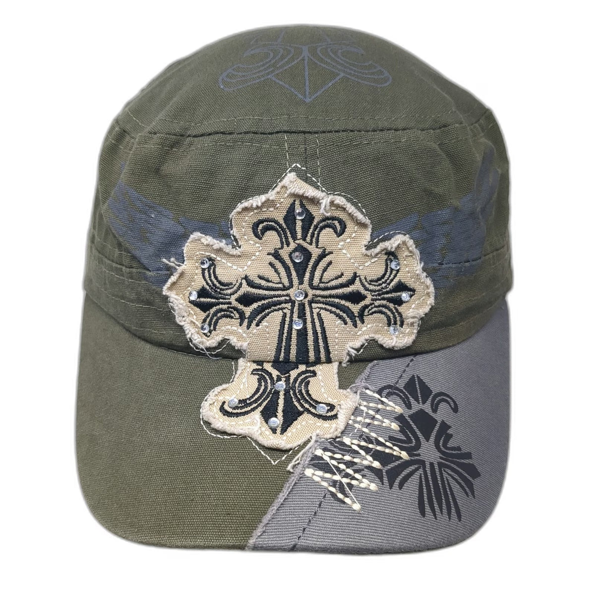 Army Cap Green One Size Distressed Cross Rhinestone Studs Fleur De Lis Wing Hat